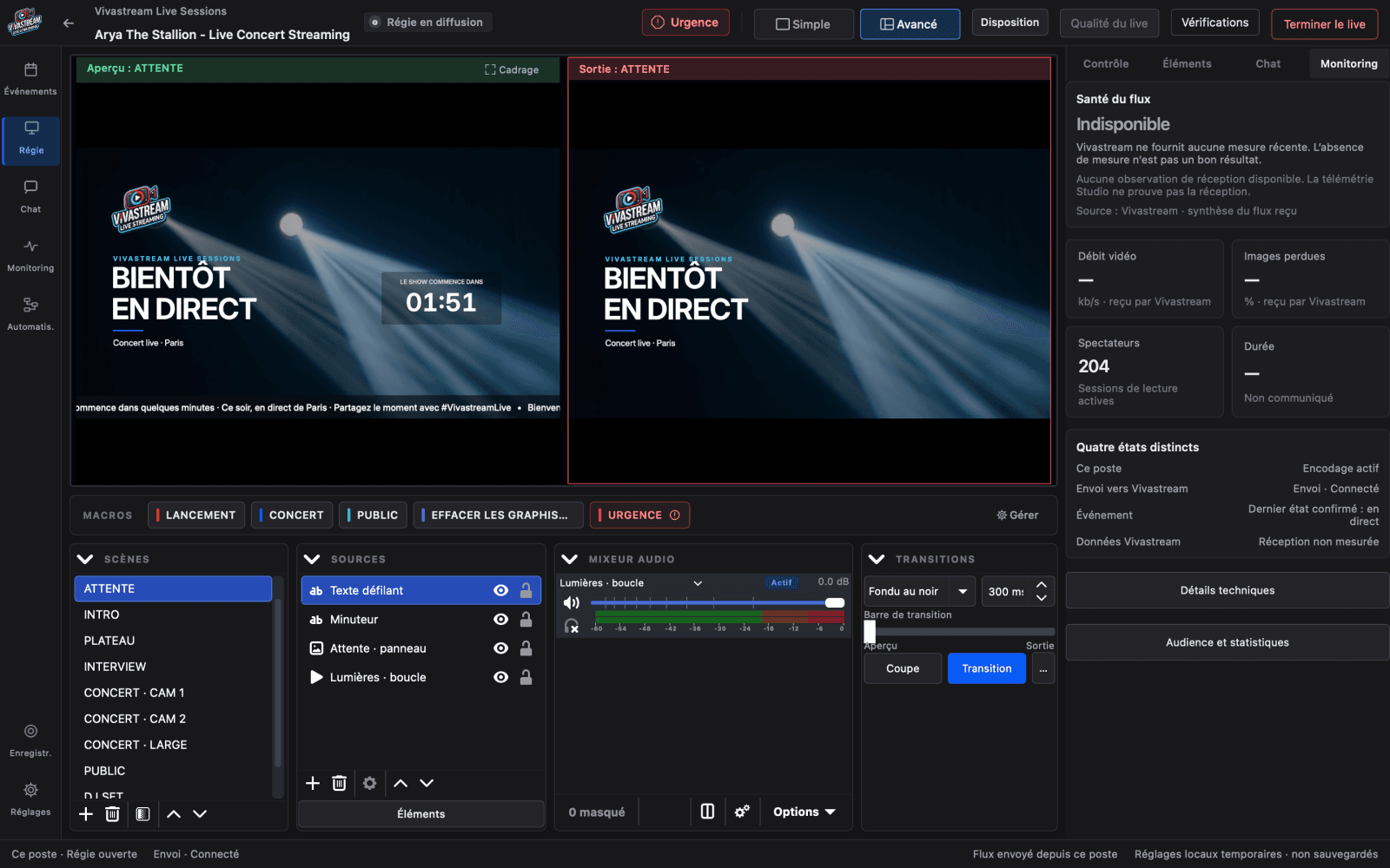 Vivastream Studio during a live: preview, program, rundown and a suggested cut