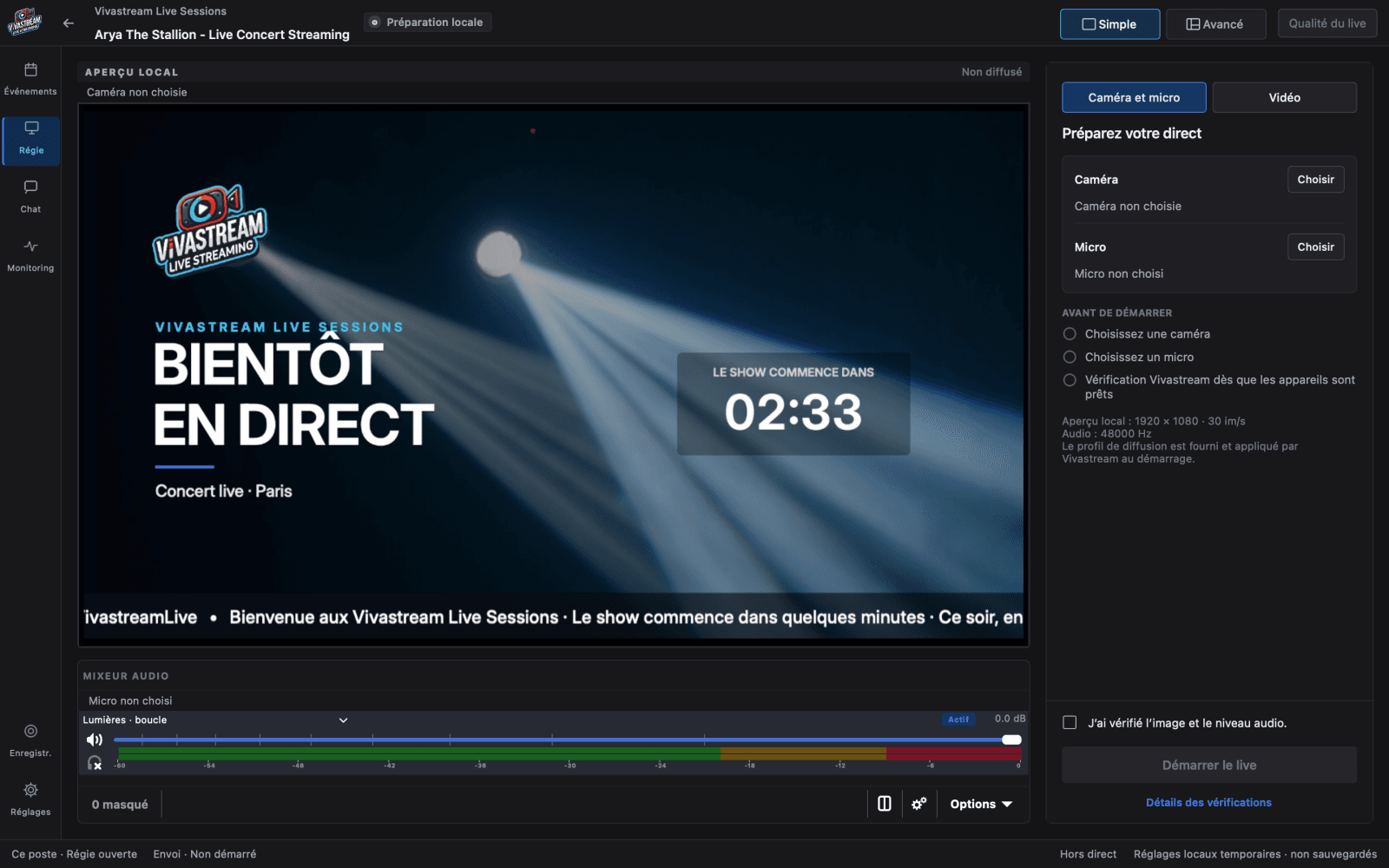 Simple display: camera, microphone and checks