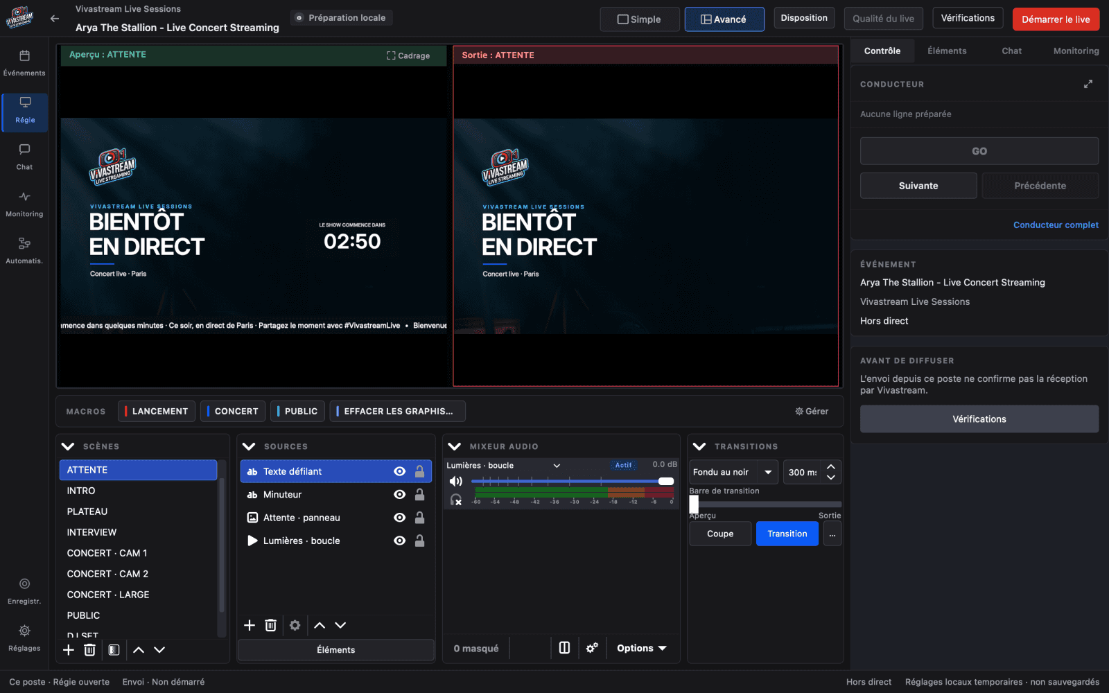 Advanced control room: preview, program, scenes, sources and mixer